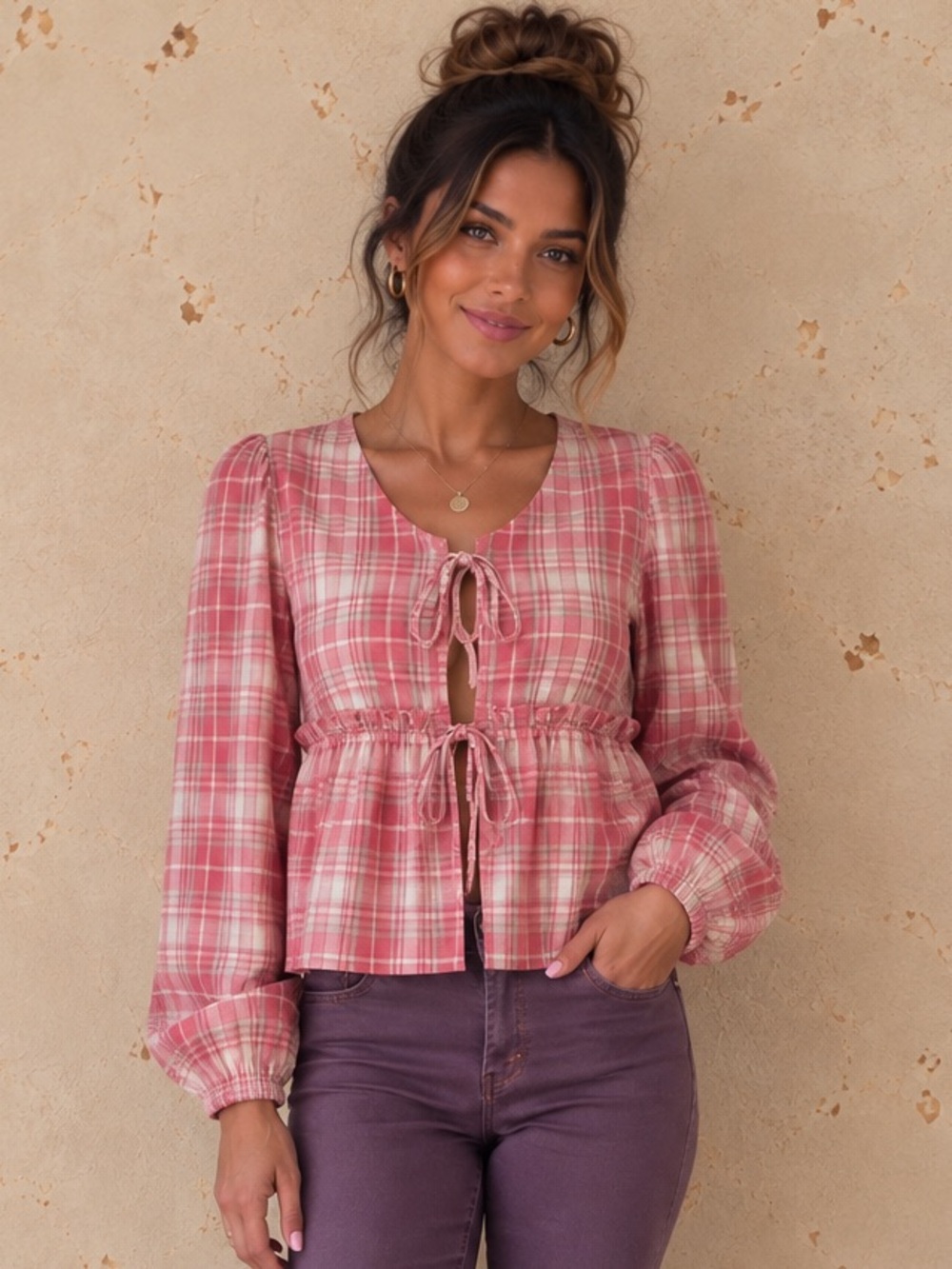 So Me Pink Plaid Tie-Front Peplum Blouse Size Medium NWT